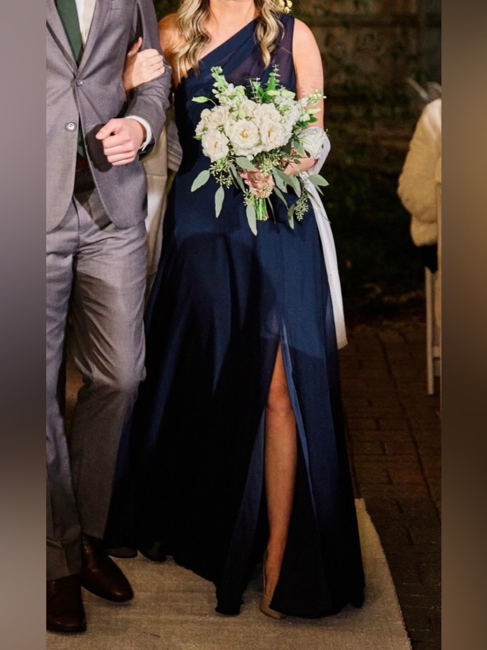 One-Shoulder Navy Evening Dress with Draped Bodice
